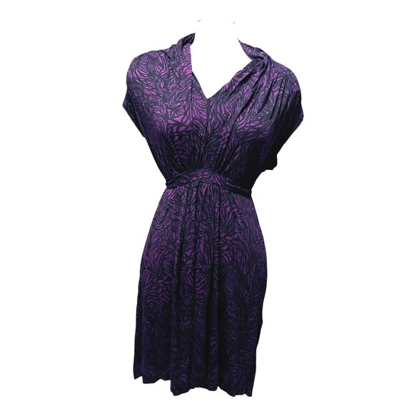 French Connection Abstract Print Cap Sleeve Dress Sz Medium Burgundy & Navy - Picture 5 of 12